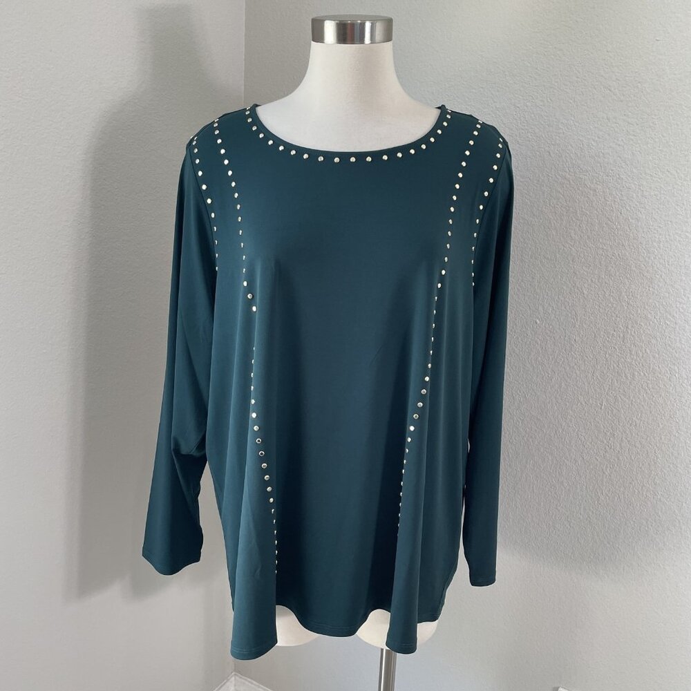 Calvin Klein Shirt Womens 2X Green Long Sleeve Studded Top Plus Size Polyester